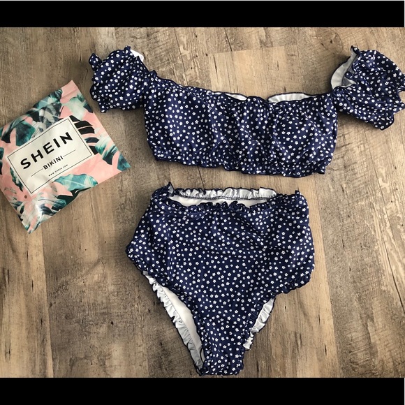 SHEIN Other - High Waist Navy Blue Floral Bikini